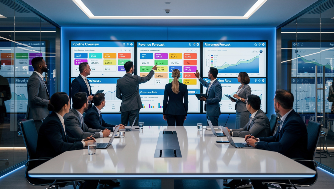 Executive sales strategy review session with team analyzing pipeline